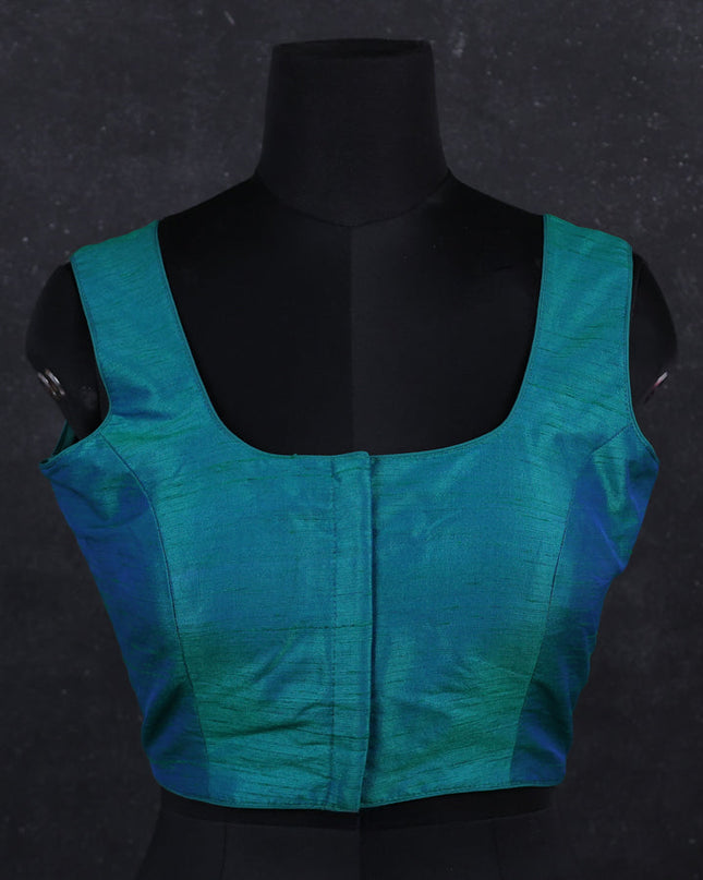 Teal green semi raw silk readymade blouse