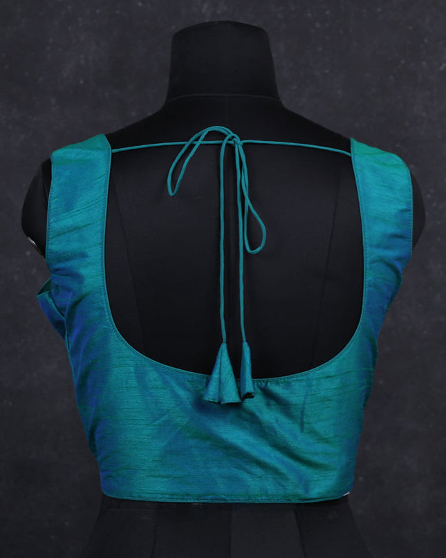 Teal green semi raw silk readymade blouse