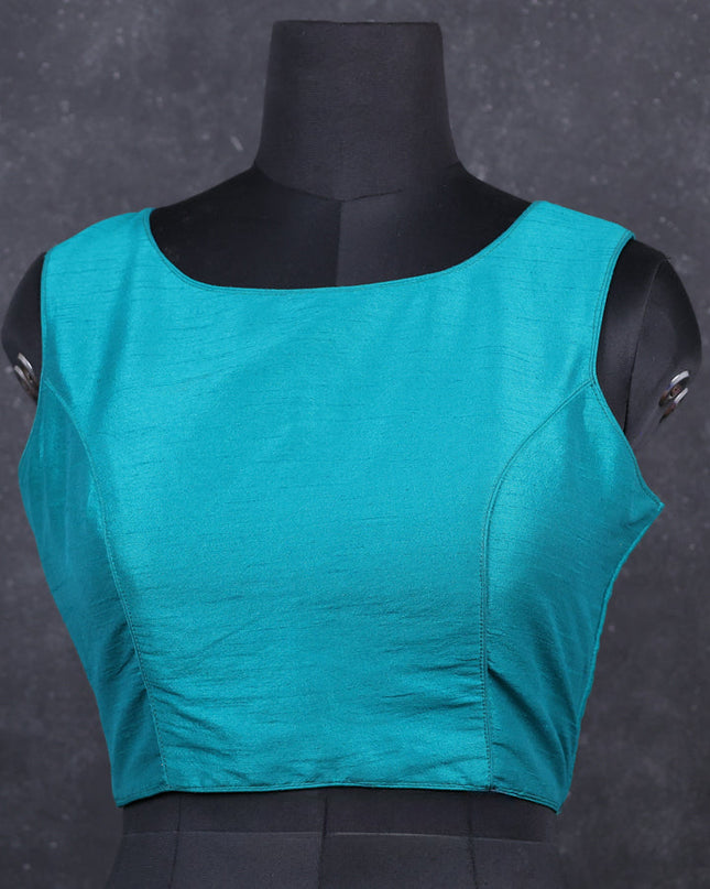 Teal green semi raw silk readymade blouse