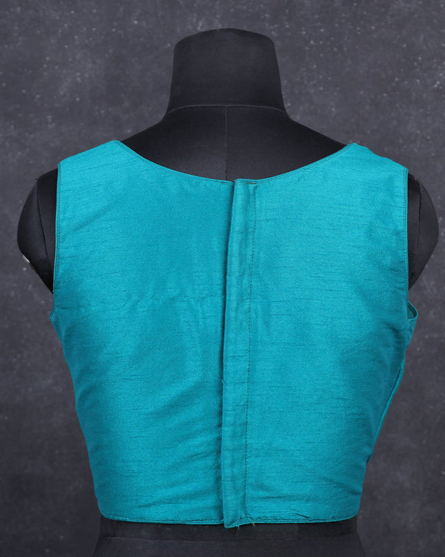 Teal green semi raw silk readymade blouse