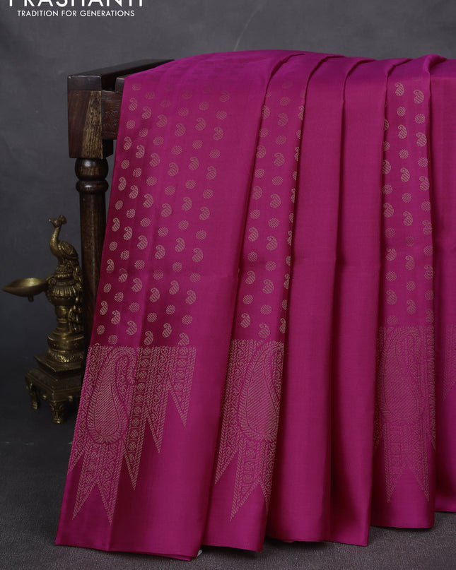 Pure soft silk saree pink with allover paisley zari woven buttas and temple design zari woven border