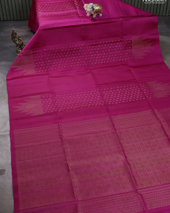 Pure soft silk saree pink with allover paisley zari woven buttas and temple design zari woven border