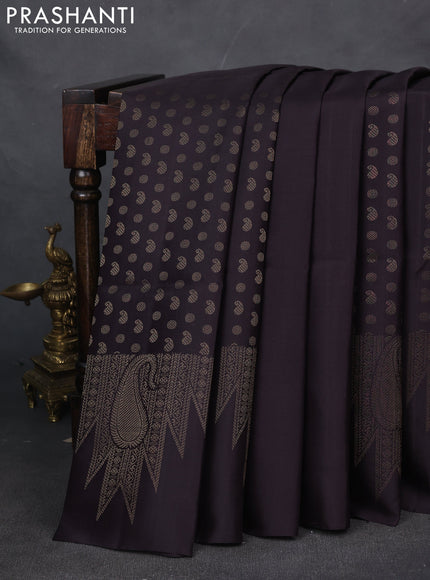 Pure soft silk saree deep jamun with allover paisley zari woven buttas and temple design zari woven border