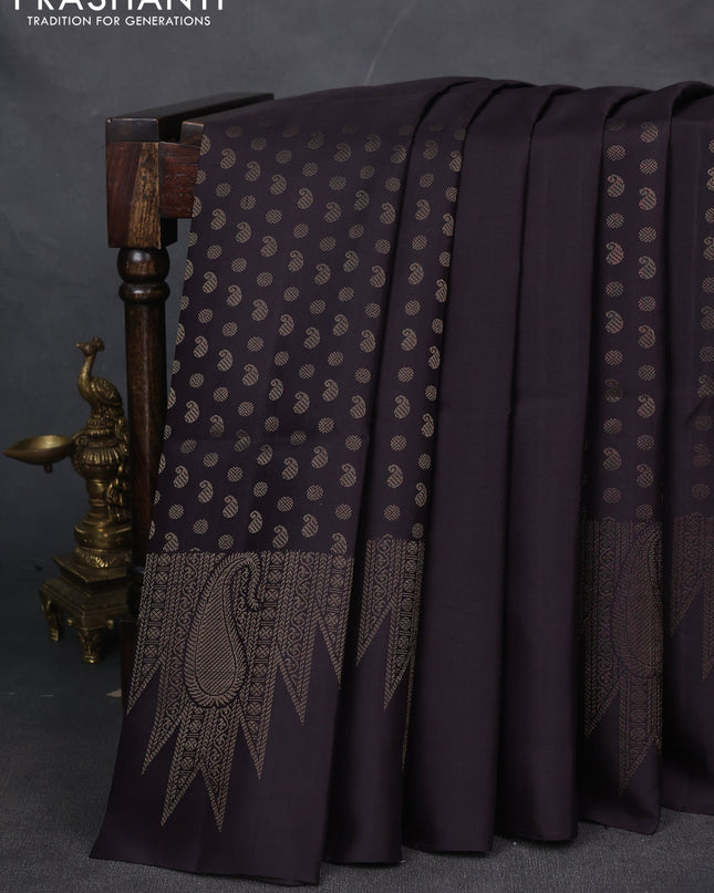 Pure soft silk saree deep jamun with allover paisley zari woven buttas and temple design zari woven border