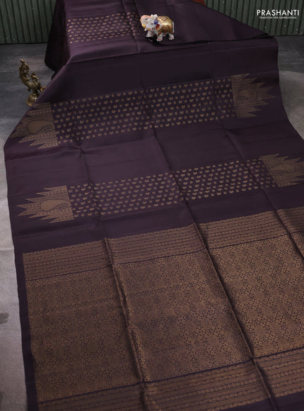 Pure soft silk saree deep jamun with allover paisley zari woven buttas and temple design zari woven border