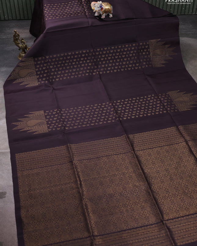 Pure soft silk saree deep jamun with allover paisley zari woven buttas and temple design zari woven border