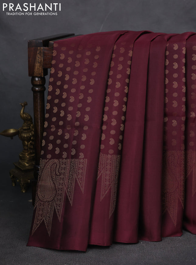 Pure soft silk saree maroon with allover paisley zari woven buttas and temple design zari woven border