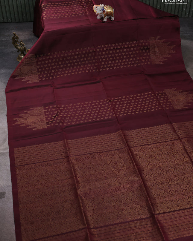 Pure soft silk saree maroon with allover paisley zari woven buttas and temple design zari woven border