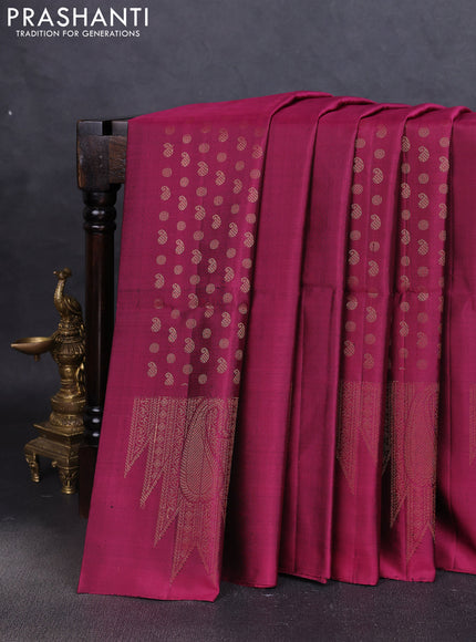Pure soft silk saree dark magenta pink with allover paisley zari woven buttas and temple design zari woven border