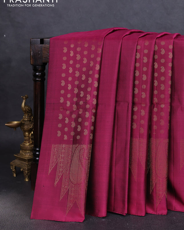 Pure soft silk saree dark magenta pink with allover paisley zari woven buttas and temple design zari woven border
