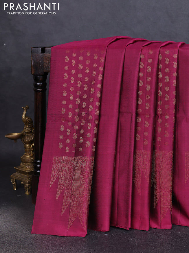 Pure soft silk saree dark magenta pink with allover paisley zari woven buttas and temple design zari woven border