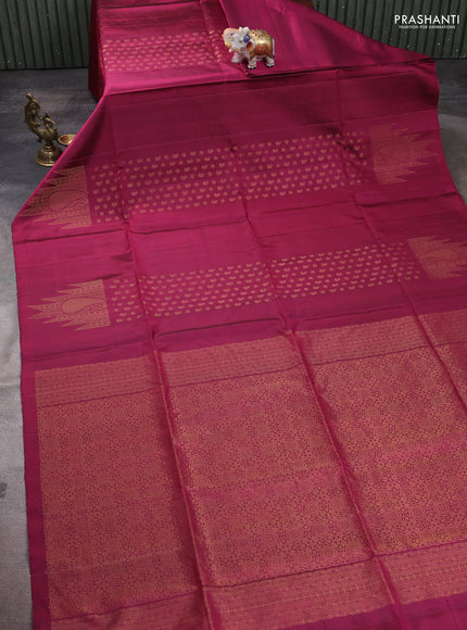 Pure soft silk saree dark magenta pink with allover paisley zari woven buttas and temple design zari woven border