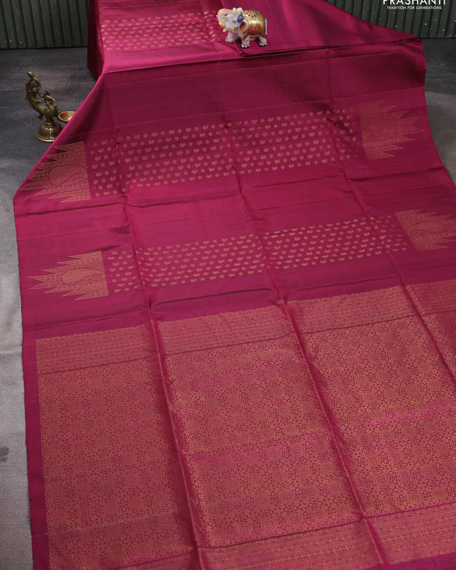 Pure soft silk saree dark magenta pink with allover paisley zari woven buttas and temple design zari woven border