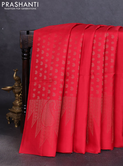 Pure soft silk saree red with allover paisley zari woven buttas and temple design zari woven border