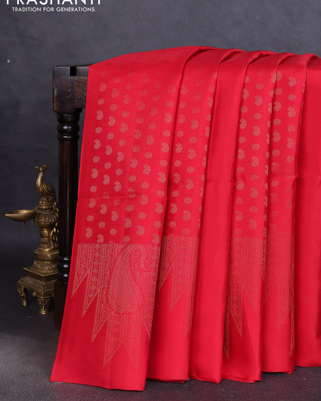 Pure soft silk saree red with allover paisley zari woven buttas and temple design zari woven border