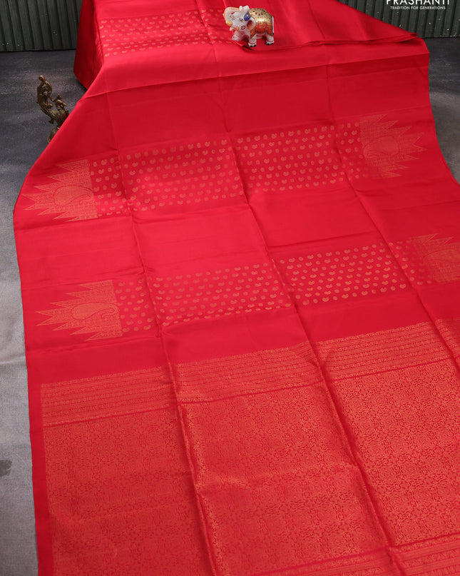 Pure soft silk saree red with allover paisley zari woven buttas and temple design zari woven border