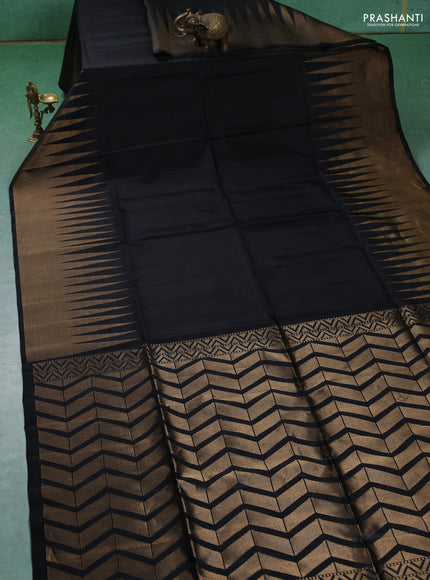 Pure soft silk saree black with plain body and temple design zari woven border