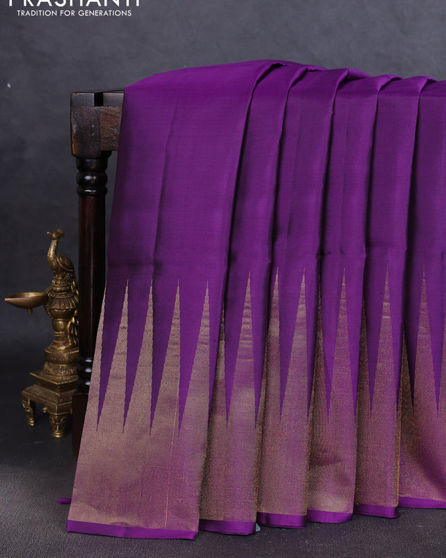 Pure soft silk saree violet with plain body and temple design zari woven border