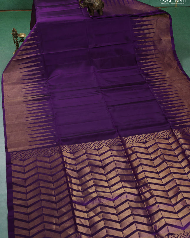 Pure soft silk saree violet with plain body and temple design zari woven border