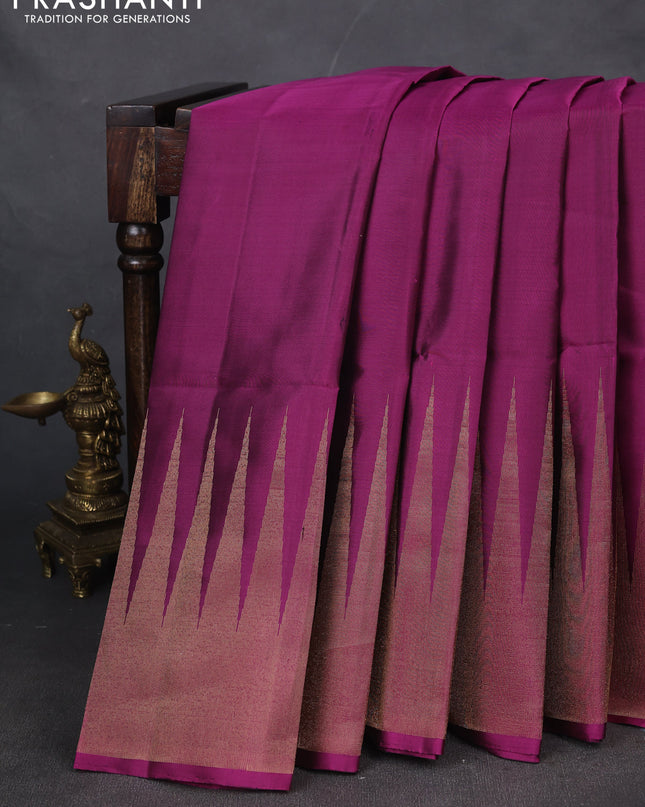 Pure soft silk saree purple with plain body and temple design zari woven border