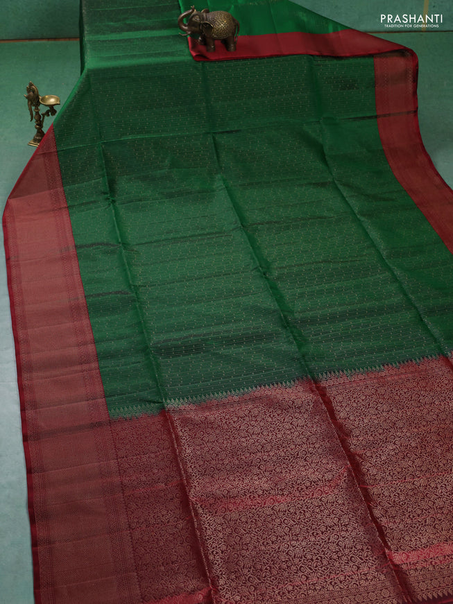 Pure soft silk saree green and maroon with allover zari weaves and zari woven border