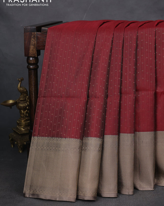 Pure soft silk saree maroon and grey with allover zari weaves and zari woven border