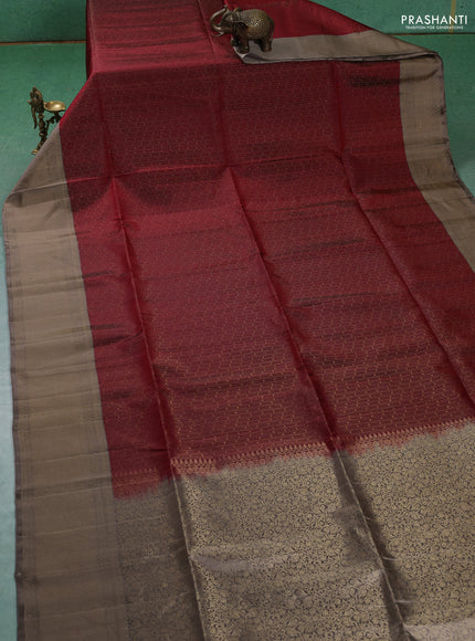 Pure soft silk saree maroon and grey with allover zari weaves and zari woven border