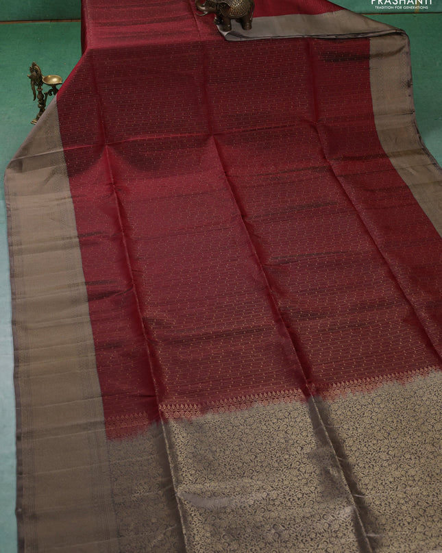 Pure soft silk saree maroon and grey with allover zari weaves and zari woven border