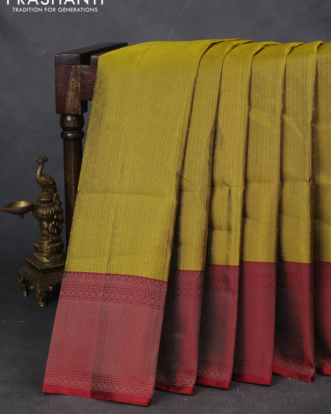 Pure soft silk saree mehendi green and maroon with allover zari weaves and zari woven border