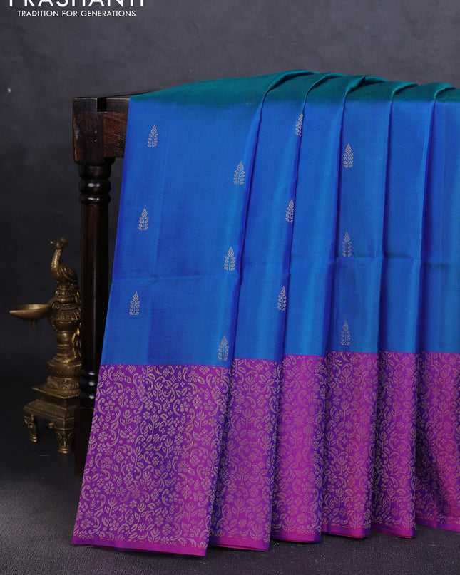 Pure soft silk saree teal blue and purple with zari woven buttas and zari woven border