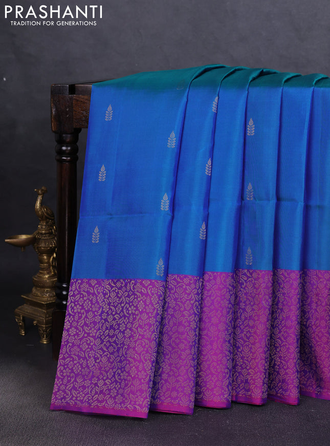 Pure soft silk saree teal blue and purple with zari woven buttas and zari woven border