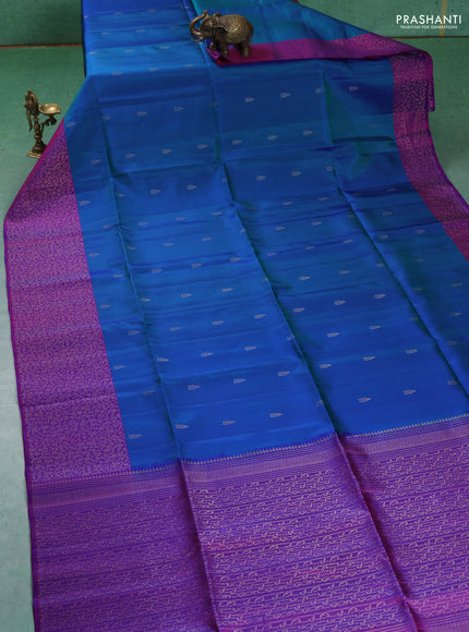 Pure soft silk saree teal blue and purple with zari woven buttas and zari woven border