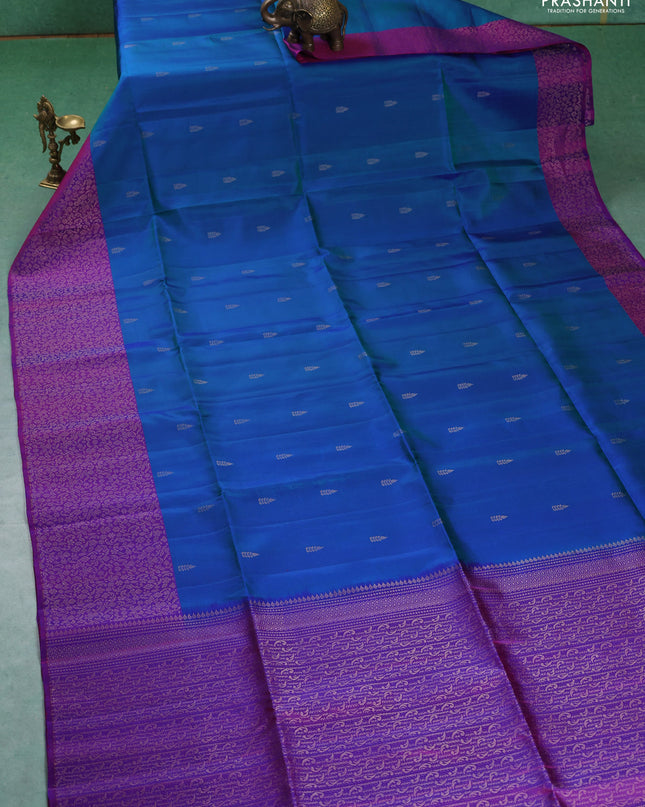 Pure soft silk saree teal blue and purple with zari woven buttas and zari woven border