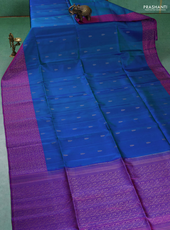 Pure soft silk saree teal blue and purple with zari woven buttas and zari woven border