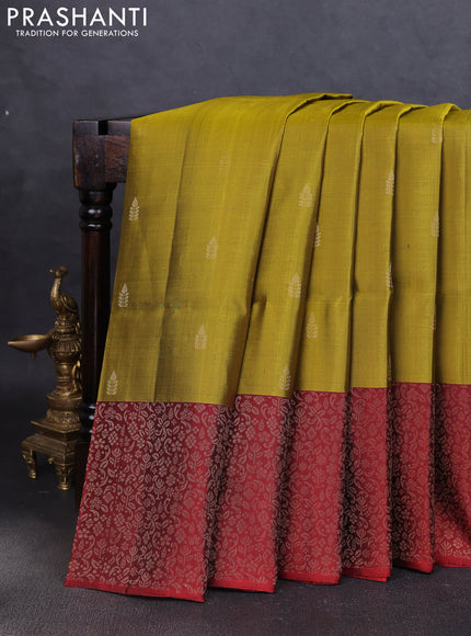 Pure soft silk saree mehendi green and maroon with zari woven buttas and zari woven border
