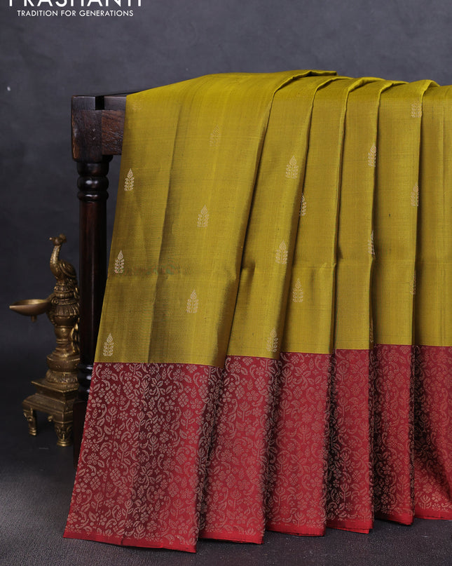 Pure soft silk saree mehendi green and maroon with zari woven buttas and zari woven border