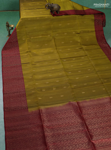 Pure soft silk saree mehendi green and maroon with zari woven buttas and zari woven border