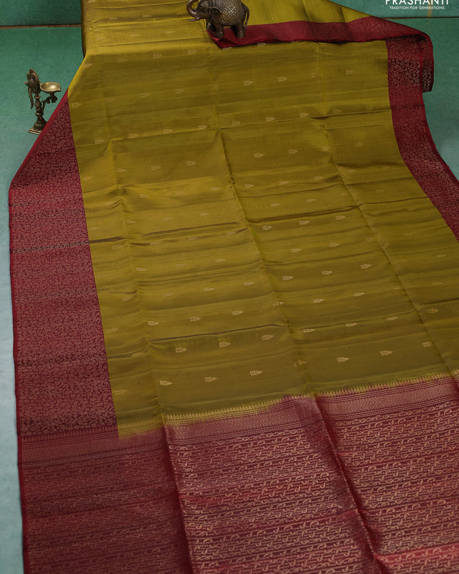 Pure soft silk saree mehendi green and maroon with zari woven buttas and zari woven border