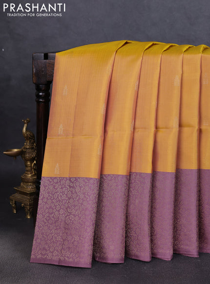 Pure soft silk saree yellow and pastel lavender with zari woven buttas and zari woven border