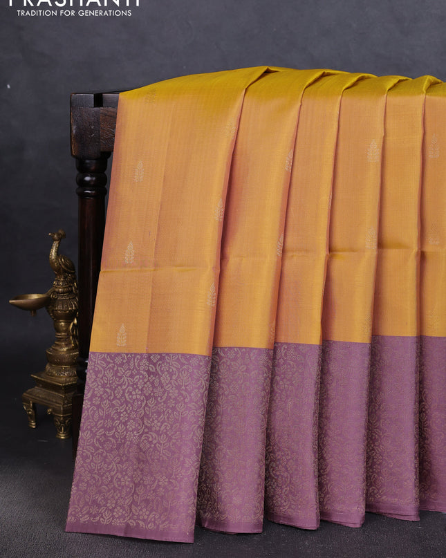 Pure soft silk saree yellow and pastel lavender with zari woven buttas and zari woven border