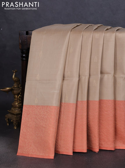 Pure soft silk saree beige and pale orange with zari woven buttas and zari woven border