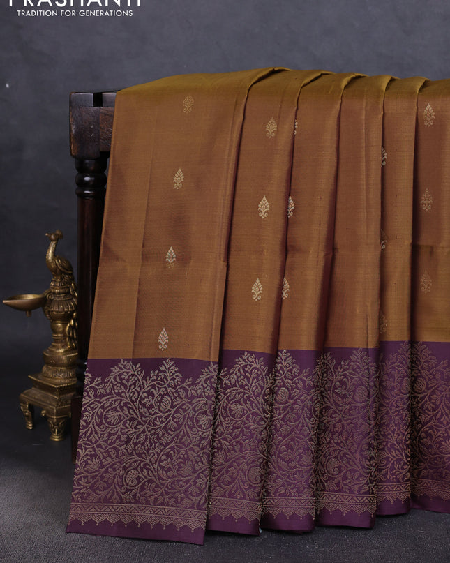 Pure soft silk saree sap green and deep jamun with zari woven buttas and zari woven border
