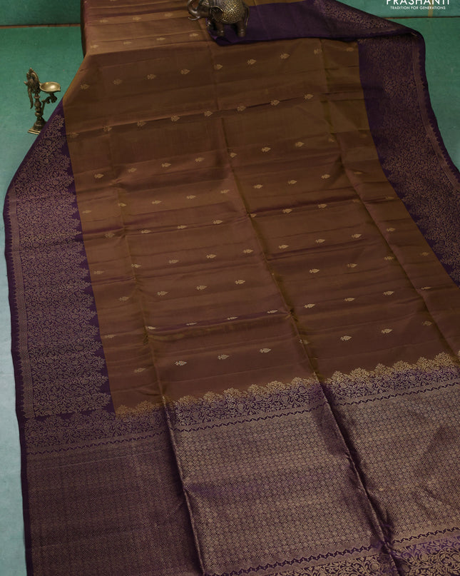 Pure soft silk saree sap green and deep jamun with zari woven buttas and zari woven border