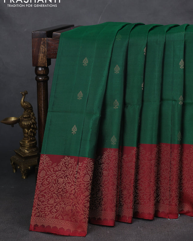 Pure soft silk saree green and maroon with zari woven buttas and zari woven border