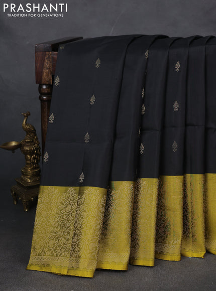 Pure soft silk saree black and lime yellow with zari woven buttas and zari woven border