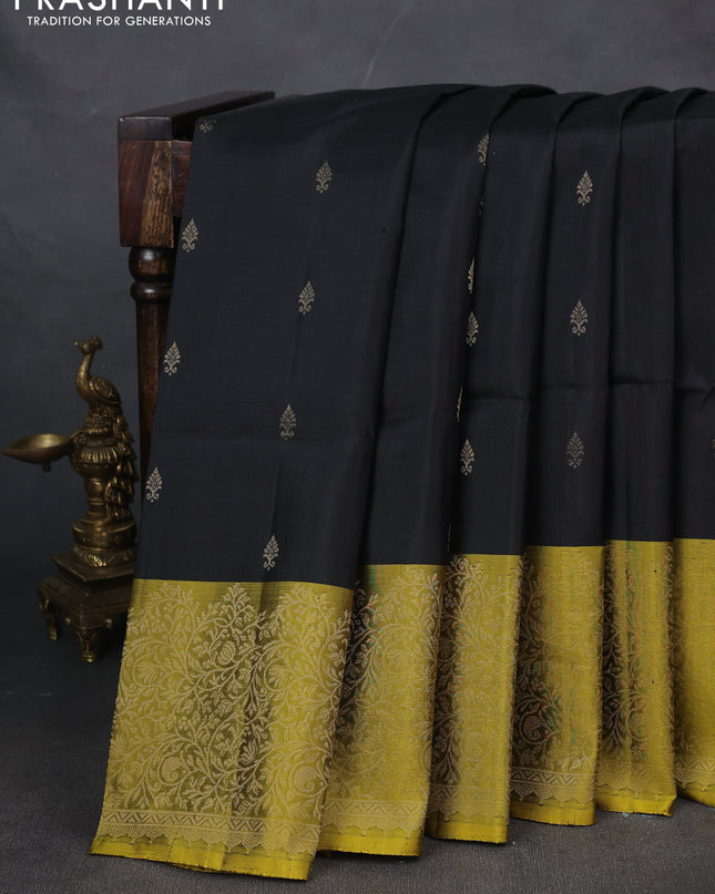 Pure soft silk saree black and lime yellow with zari woven buttas and zari woven border