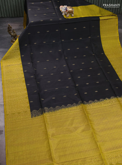 Pure soft silk saree black and lime yellow with zari woven buttas and zari woven border