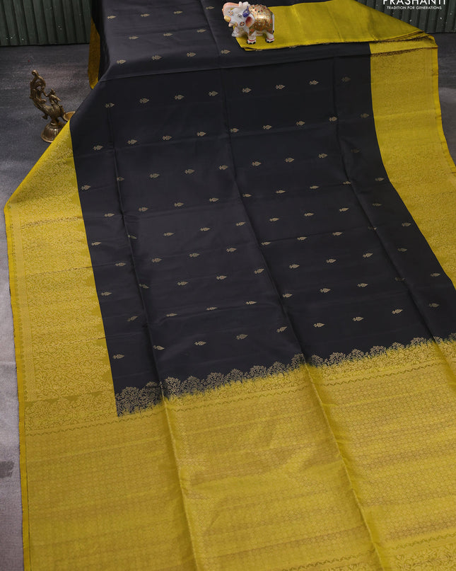 Pure soft silk saree black and lime yellow with zari woven buttas and zari woven border