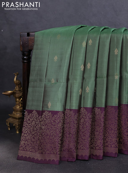 Pure soft silk saree pastel green and deep jamun with zari woven buttas and zari woven border