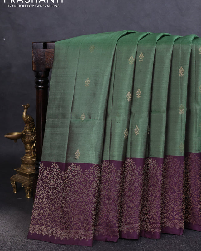 Pure soft silk saree pastel green and deep jamun with zari woven buttas and zari woven border